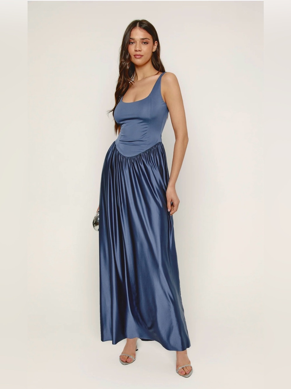 Rare London Steel Blue Satin Sheen Curved Waist Maxi Dress XS